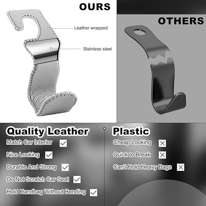 Car Seat Hooks for Purses and Bags, 4 Pack Car Purse Holder for Grocery Bag Handbag Clothes, Metal Headrest Hooks Covered by Leather, Gray