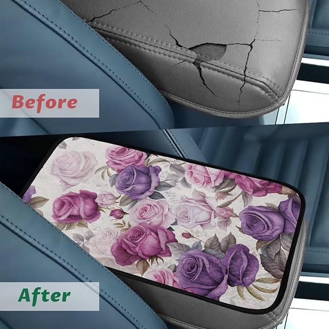 Bulopur Purple Rose Print Center Console Cover Car Center Console Cover Fashion Auto Interior Protect from Pet Claws Flannel Car Console Covers Fit for Most Cars, Vehicles, SUVs
