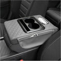 Car Center Console Armrest Pillow, 5-in-1 Armrest Cushion w/ 2 Side Bags, Tissue Box Slot, Cup & Phone Holder, Multifunctional Leather Auto Arm Rest Cover Storage Organizer (Gray, Embroidered)