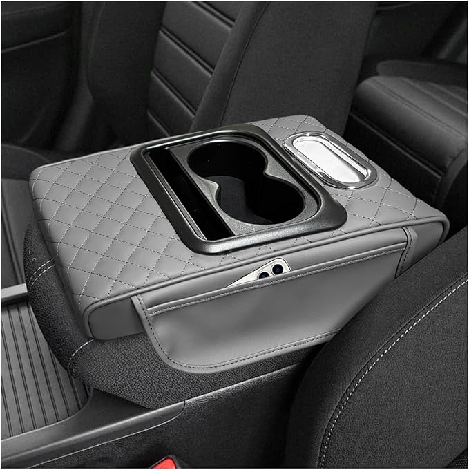 Car Center Console Armrest Pillow, 5-in-1 Armrest Cushion w/ 2 Side Bags, Tissue Box Slot, Cup & Phone Holder, Multifunctional Leather Auto Arm Rest Cover Storage Organizer (Gray, Embroidered)