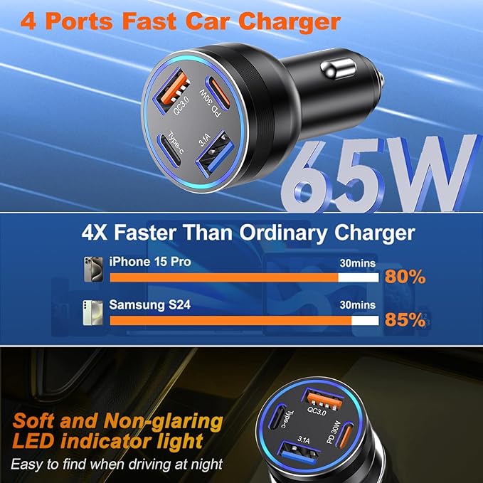 Car Charger USB C, 2Pack 4-Port 65W Cigarette Lighter USB Charger Fast Charging,Dual USB-C & USB-A Car Phone Charger Adapter Accessories for iPhone 17 16 15 14 13 Pro Max,iPad,Samsung,Tablet,Android