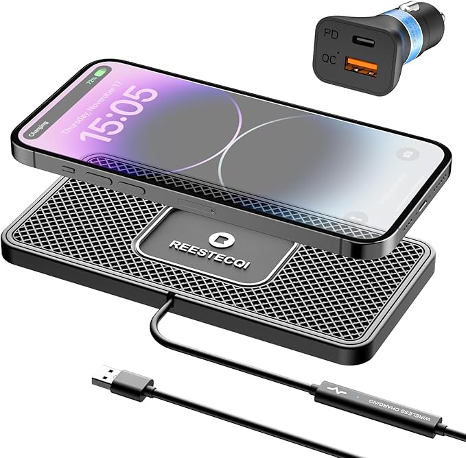 Wireless Car Charger Pad, REESTECQI 15W Wireless Charging Pad for Car Non Slip Phone Car Wireless Charger [40W Car Charger Included] for iPhone 17 16 15 14 13, AirPods 3/Pro 2, Samsung S26/S25/S24