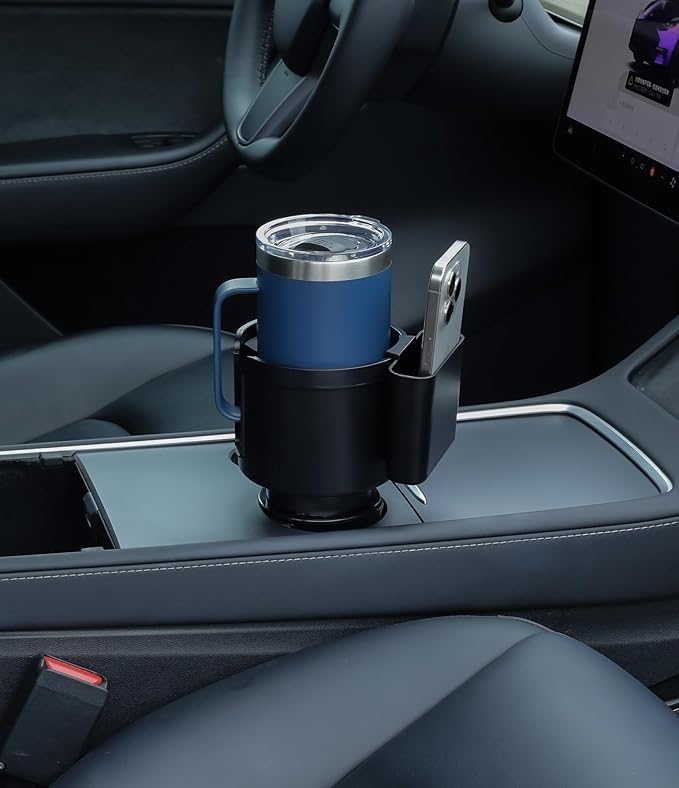 Seven Sparta Cup Holder Expander with Phone Holder & Cable Access, 3-in-1 Car Organizer, Side Storage Box for Phone/Cards, Compatible with Yeti, Owala, Hydro Flasks & Large Bottles Mugs in 3.5"-4.0"