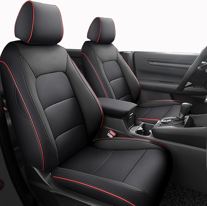 HKZ Fit CRV Car Seat Covers Full Set for Honda CR-V 2012 2013 2014 CRV LX;EX;EX-L Model - Leather (Black with Red Trim)