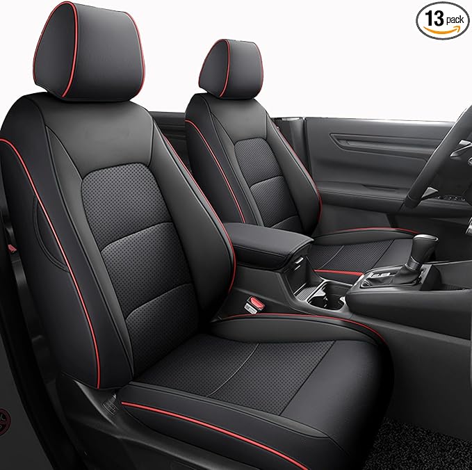 HKZ Fit CRV Car Seat Covers Full Set for Honda CR-V 2015 2016 CRV Sport;EX;EX-L;LX;Touring;Special Edition AWD/2WD - Leather (Black with Red Trim)