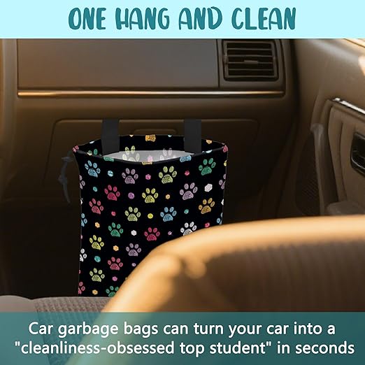 KXWQTRDD Car Garbage Bag Colorful Paw Prints and Diamond Drawstring Car Trash Bag Hanging for Back Seat with Adjustable Buckle Canvas Vehicle Trash Can Easy-to-Install
