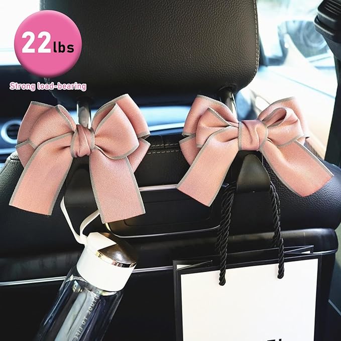 2 PCS Car Seat Headrest Hook, Cute Bow Knot Auto Seatback Hanger Storage Organizer, Vehicle Back Seat Hanging Hooks for Purse Coat Umbrella, Interior Decor Car Accessories (Pink)