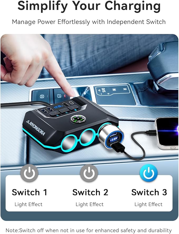 9-in-1 Cigarette Lighter Splitter, 156W Car Charger Adapter with PD 36W & QC 3.0, 3 Sockets with Independent Switches, 6 USB Ports, LED Voltage Display, UL Certified, Includes Spare Fuse