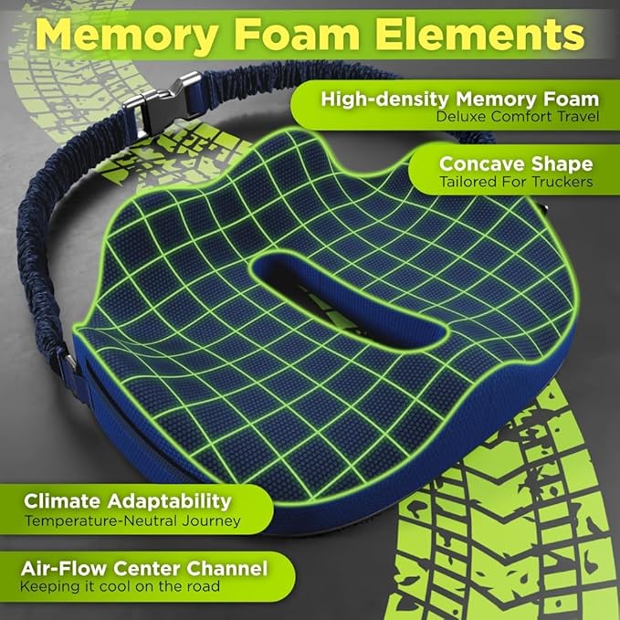 XL Truck Seat Cushion for Truck Driver Seat Cushion - Upgraded Back Support, CertiPUR-US® Certified - Thick Memory Foam, Pain Relief for Hours of Driving, Trucker Approved Big Rig - Navy