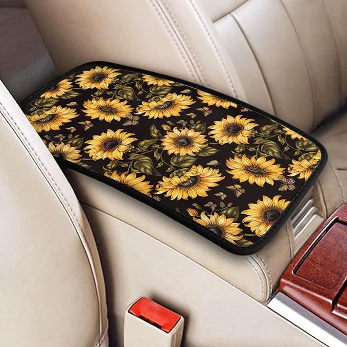 Sunflower Car Center Console Cover Yellow Black Flower Floral Armrest Box Covers SUV Van Sedans Truck Interior Accessories, Anti-Scratch Middle Console Lid Cushion Protector