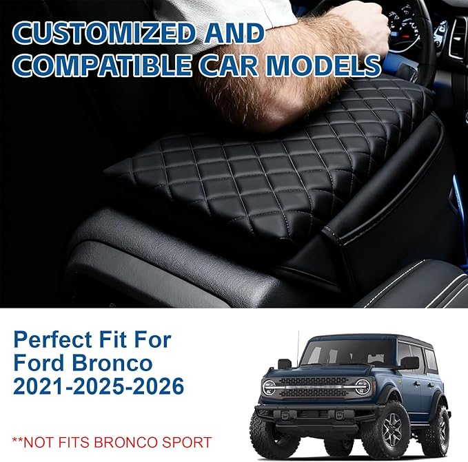 Thickened Armrest Cover Fit for Ford Bronco Accessories 2021 2022 2023 2024 2025 2/4-Door Center Console Cover, PU Leather Arm Rest Covers Lid Protector Seat Box Cushion Pad With Pockets Storage Bag