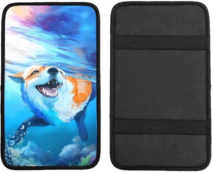 indokyeyqaz Universal Car Center Console Cushion Pad, Swimming Dog Soft Waterproof Car Center Console Cover Auto Armrest Seat Box Cover Protector for Most Vehicle SUV Truck Car