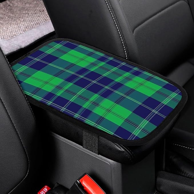 Center Console Cover Pad, Breathable Car Armrest Pad Seat Box Cushion Blue Green Scottish Tartan Plaid Arm Rest Cover Universal Fit for Most Vehicles