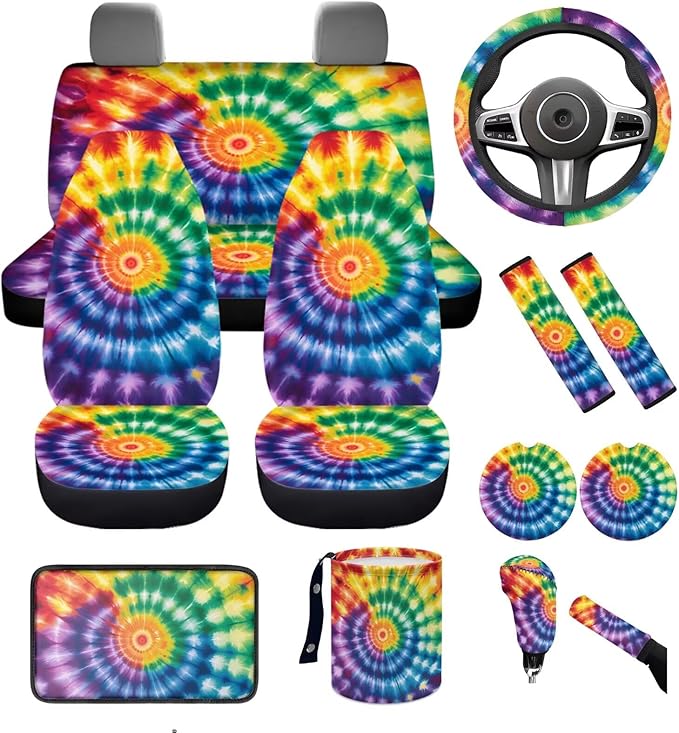 Dngkaoje 13 Pieces Tie Dye Car Seat Covers Full Set for Women Auto Interior Accessories Set for Front Rear,Hippie Tie Dye Print Collapsible Garbage Bin,Armrest Pad Cover,Handbrake Shift Covers