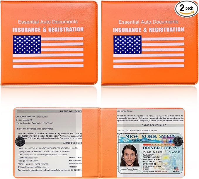 Ziciner Car Registration Insurance Holder, 2Pack Essential Auto PVC Card Document Glove Box Organizer with Velcro Closure, Universal Car Accessories for Men & Women (Orange/Blue Flag)