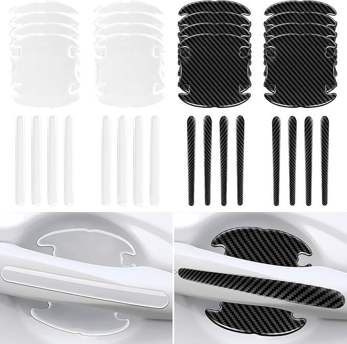 16PCS Car Door Handle Scratch Protector Set- 8PCS Clear Transparent & 8PCS Carbon Fiber Sticker Guard Cover Avoiding Scratches, Auto Accessories for SUV,Cars