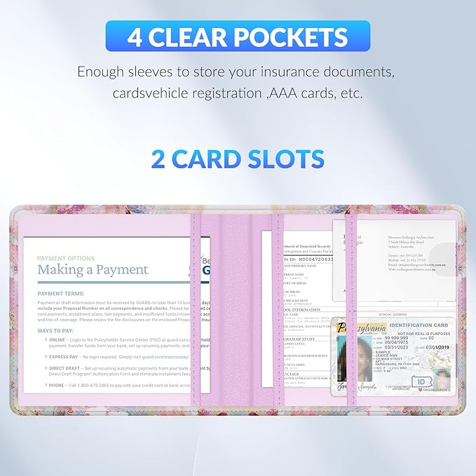 Pisypox Car Registration and Insurance Card Holder，Vehicle Glove Box Car Organizer，Accessories Case for Storing Driving Licences, Cards, Documents,Pink flower