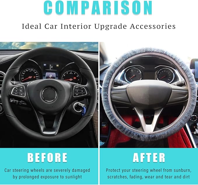 Ziciner Elastic Fuzzy Steering Wheel Cover, 15'' Soft Steering Wheel Protector for Warm Winter, Anti-Slip Fluffy Car Wheel Covers, Universal Car Interior Decor Accessories for Women Men (Gray)