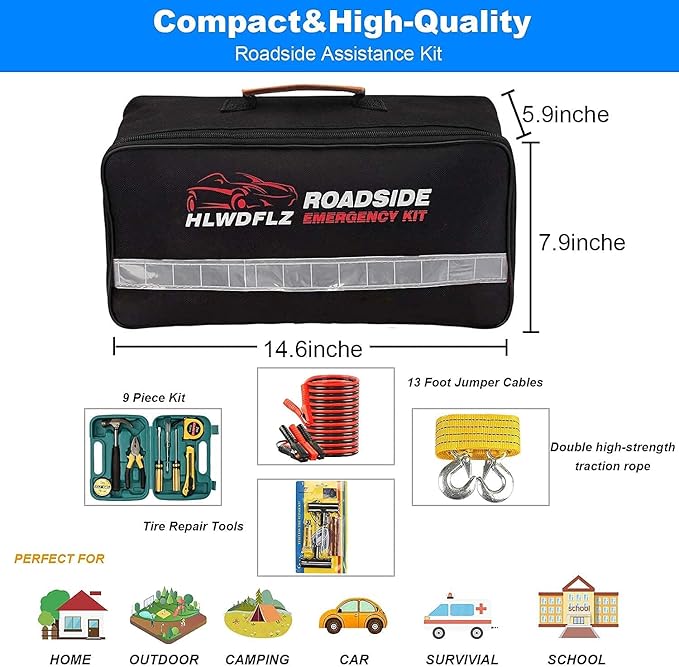 HLWDFLZ Car Roadside Emergency Kit,with13FT Jumper Cables,Winter Traveler Safety Emergency Kit with Blanket Shovel Triangle First Aid Kit for SUV RV