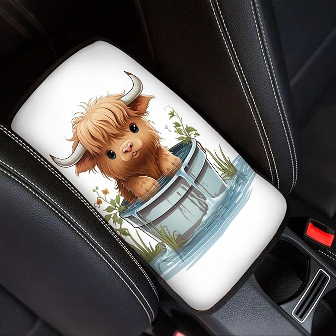 Cute Highland Cow Car Console Covers Armrest Console Cover Soft Car Center Console Cover Accessories Protect from Pet Claws Universal Cars Interior Accessories Decoration