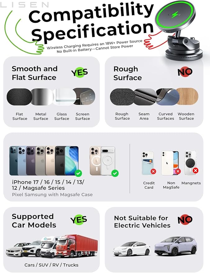 LISEN 15W Magsafe Car Mount Charger， [ SuctionPro ] 15W Wireless Car Charger, Suction Cup Phone Holder,360° Vacuum Magnetic Phone Holder for iPhone 17 Pro Max Air 17-12,Samsung S25 with MagSafe Case