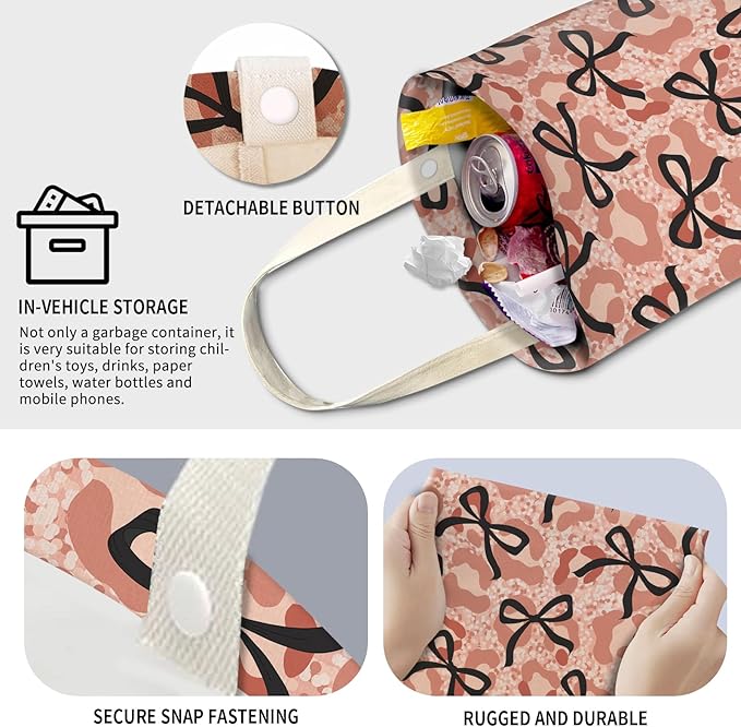 AXZOPDE Cute Car Trash Can, Hanging Canvas Car Back Seat Organizer and Storage Bag, Funny Car Trash Bag for Travelling, Outdoor Cute Pink Black Bow