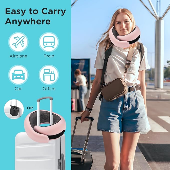 4litamz Travel Neck Pillows, 100% Memory Foam Filling, Travel Pillows for Airplanes, Compact and Ergonomic Design, Best for Sleeping Plane Train Travel Essentials (Light Pink)
