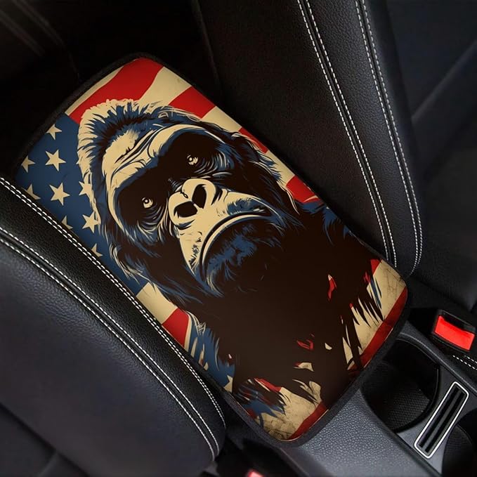 Car Center Console Pad, Universal Waterproof Car Armrest Seat Box Cover, Car Interior Accessories for Most Vehicle SUV Truck Vintage American Flag Gorilla Car Armrest Pad