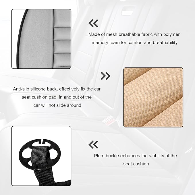 Car Seat Cushion, 1.2" Thick Comfort Memory Foam Auto Seat Pad with Non Slip Bottom, Breathable Driver Seats Pillow Pressure Relief Chair Cushion for Vehicle Office Home (Gray)