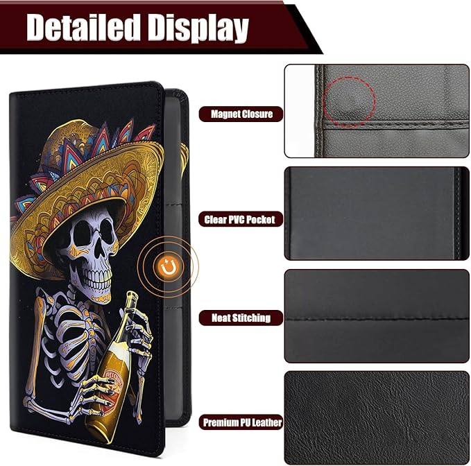 Car Registration and Insurance Holder, PU Leather Auto Document Holder for Men&Women, Vehicle Glove Box Compartment Organizer with Magnetic Shut for Driver's License, Mariachi Skull with Drink