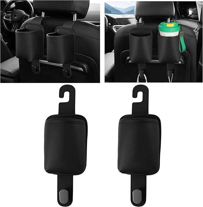 2-Pack Car Seat Back Cup Holder Organizer, Faux Leather Car Cup Holders with Hooks, Universal Backseat Storage for Drinks, Bottles & Travel Accessories (Black-2)