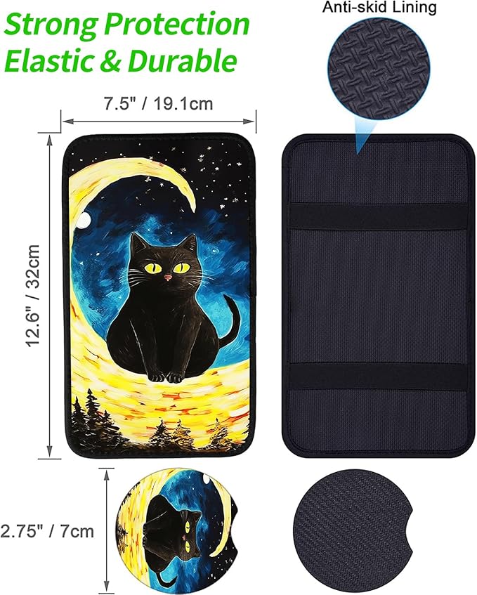 JANENFNA Car Armrest Cover Pads Universal Fashion Cute Auto Center Console Armrest Cover Pad with 2PCS Car Coasters Soft Waterproof Car Armrest Seat Protector for Women,Moon Cat