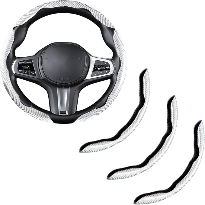 Carbon Fiber Steering Wheel Cover, Snap on Car Steering Wheel Cover Set Accessories 3pcs Wrap Grip Non Slip Protector Universal Glossy White