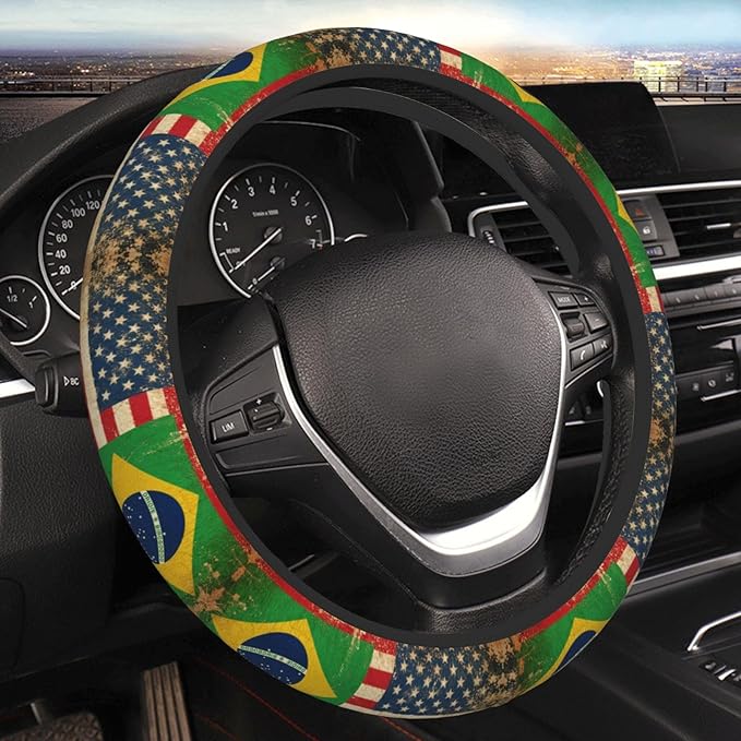 America Brazilian Flags Universal Fit Steering Wheel Cover for Car, Truck, and SUV, Durable Steering Wheel Protection