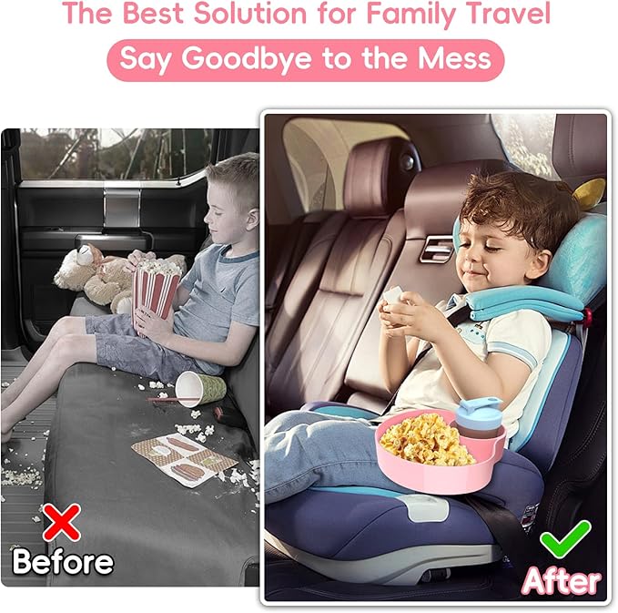 2PCS Resptasski Car Seat Cup Holder Snack Tray for Kids – Travel Tray for Car, Booster, Stroller, Outdoor Essentials Kit. Universal Adjustable Tray with Detachable Base for Snacks, Toys, Food (Pink)