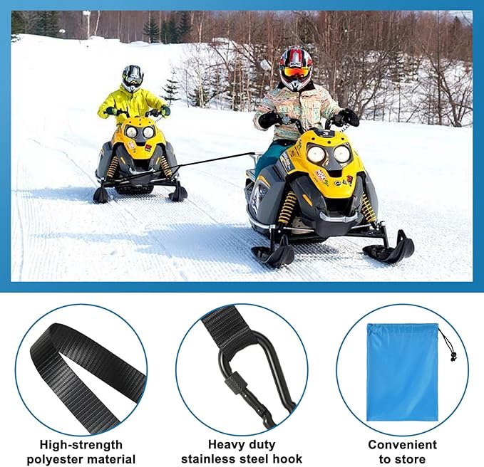 20ft Snowmobile Tow Straps, Heavy-Duty Tow Rope with Two Black Metal Hooks, Emergency Safety Tool Accessories Kit for Sled, Skidoo, ATV