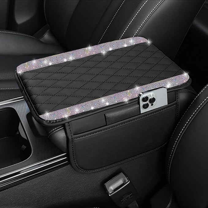 NBTEPEM Bling Car Center Console Cover, Leather Car Arm Rest Cover Cushion with 2 Storage Bags, Universal Auto Armrest Protector Storage Box, Bling Accessories Interior for Most Vehicles (Multicolor)