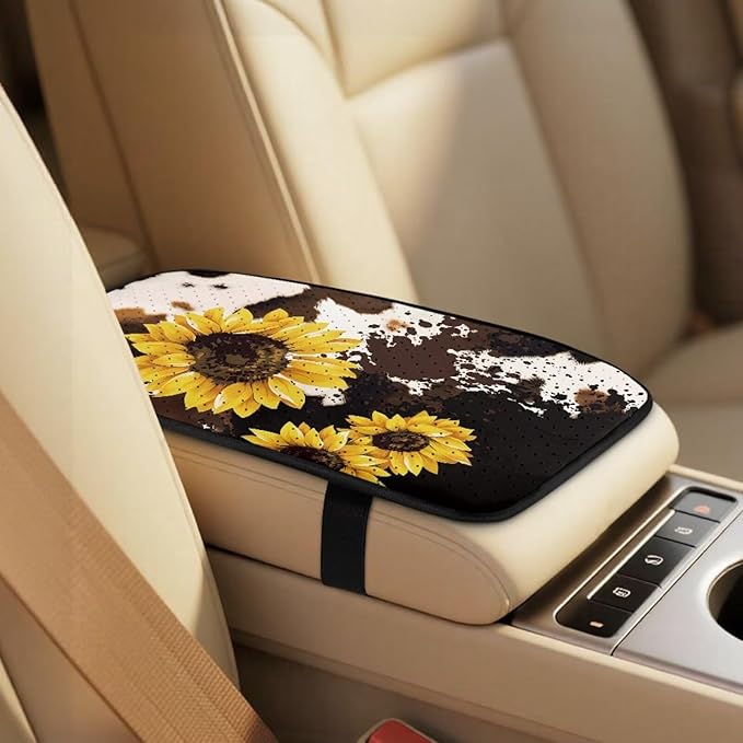 Psesaysky Universal 5PCS Car Seat Covers Set, Brown Cow Sunflower 2 Front Leather Seat Protectors, 1 Armrest Cover, 2 Padded Seat Belt Covers for Sedan SUV Truck Van