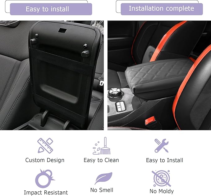 Center Console Cover Compatible with 2024 2025 Ford Ranger Accessories 2025 Ranger XL/XLT/Lariat/Raptor Armrest Console Cover Soft Leather,Thick Black