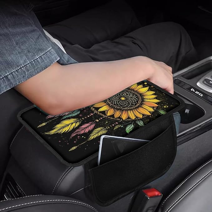 CLOHOMIN Sunflower Auto Center Console Armrest Cover Dream Catcher Car Arm Rest Cushion Accessories Interior Decor Fit SUV Truck Sedan Car Armrest Cover Cushion with Pockets