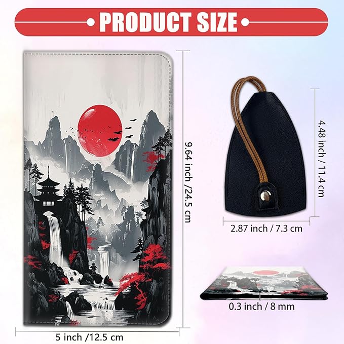 Car Registration Holder, PU Leather Vehicle Card Document Glove Box Organizer, Women Interior Auto Accessories Case for Cards, Driver License Car Insurance Holder, Red Moon Japanese Landscape