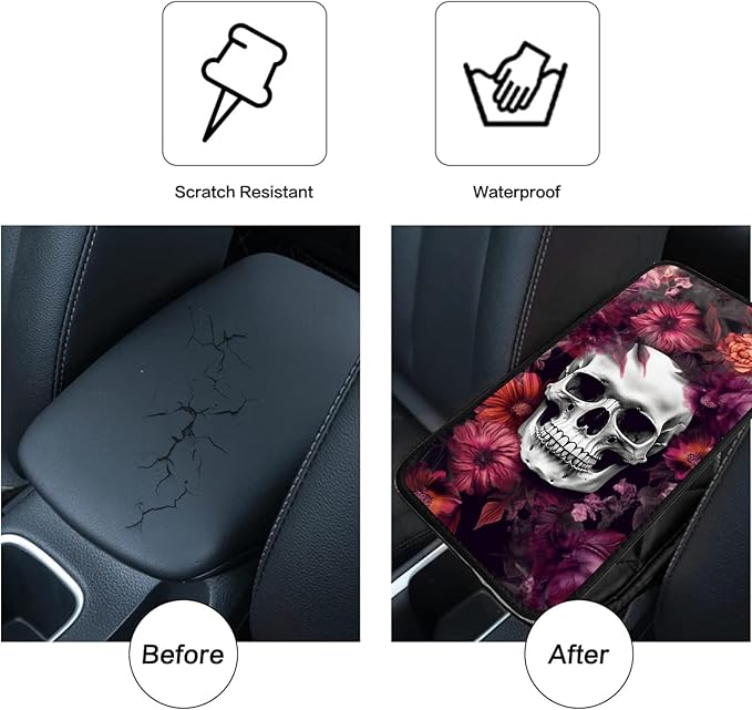JANENFNA Car Armrest Cover Pads Universal Fashion Cute Auto Center Console Armrest Cover Pad with 2PCS Car Coasters Soft Waterproof Car Armrest Seat Protector for Women,Skull Red Flowers