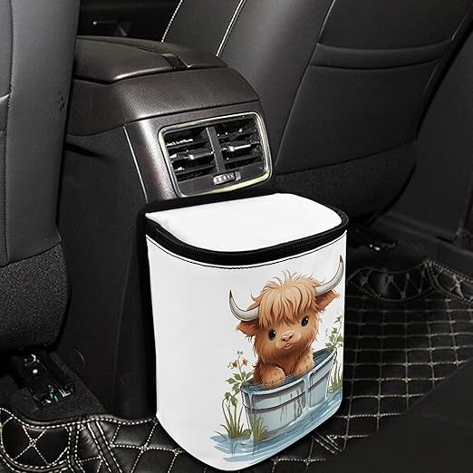 Cute Highland Cow Car Trash Can Easy to Install Hanging Garbage Bin for Back Seat Leak Proof Lightweight Car Garbage Cans Fashion Car Interior Accessories for Most Cars, SUVs