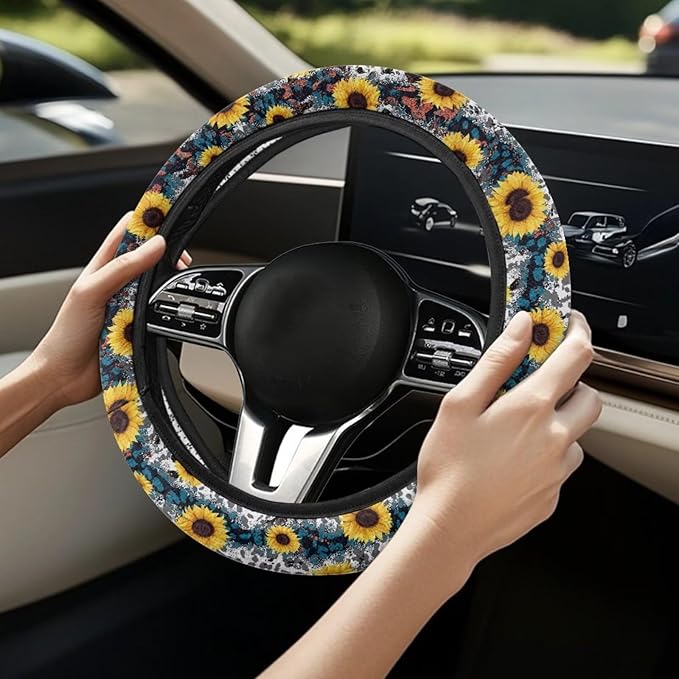 Universal Non-Slip Steering Wheel Cover, 15-inch Polyester Material Driving Accessories, Adjustable for Car and Truck(Indigo Leopard Sunflower)