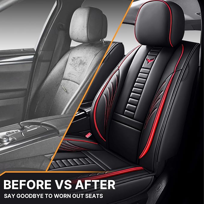 Pengchen Auto Front Seat Covers Fit for Audi A7 2013-2025, 3D Front Split Bench Protection Compatible with Side Airbag Black & Red Line