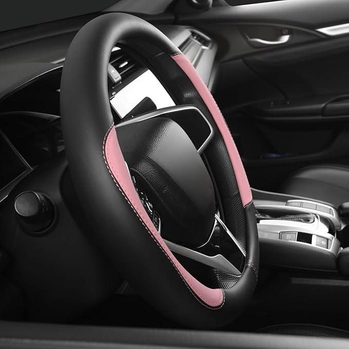 Car Steering Wheel Cover,Microfiber Leather Steering Wheel Cover Universal 14.5-15 inch, Anti-Slip Breathable Auto Wheel Cover Protector for Men Women (Black&Pink)