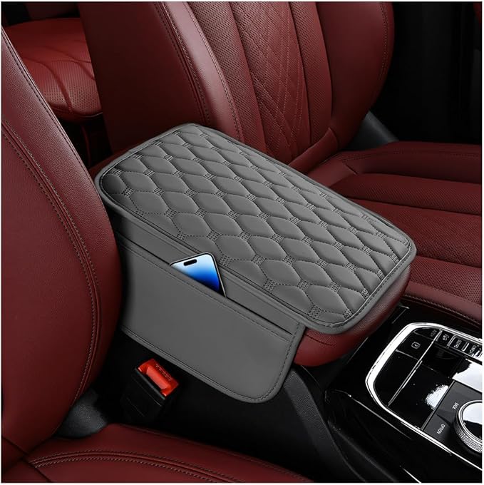 Car Center Console Cover, Leather Vehicle Armrest Cover Cushion with 2 Storage Bags, Automotive Interior Arm Rest Seat Box Pad Accessories, Universal for SUV Sedan Truck (Grey)
