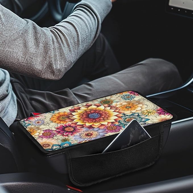 CLOHOMIN Dahlia Car Center Console Armrest Cushion Soft Armrest Cushion Pad Flowers Armrest Cover Fit for Most Vehicles Auto Decorative Accessories