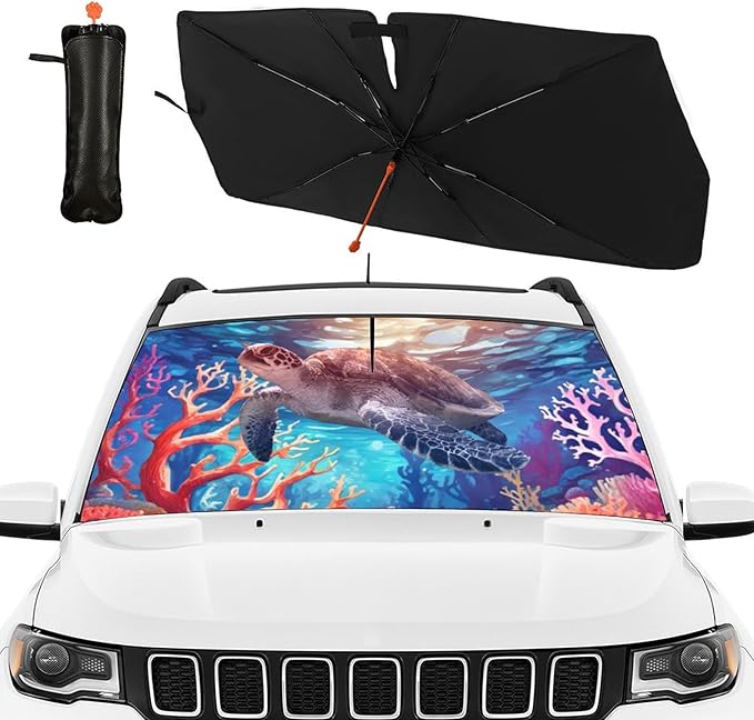 DOPINDU Sea Turtle Car Windshield Sun Shade Umbrella Bendable Handle Foldable Funny Sunshade for Car Windshield Block UV Rays Keep Vehicle Cool for Most Sedans SUV Trucks Cars 57"x30"