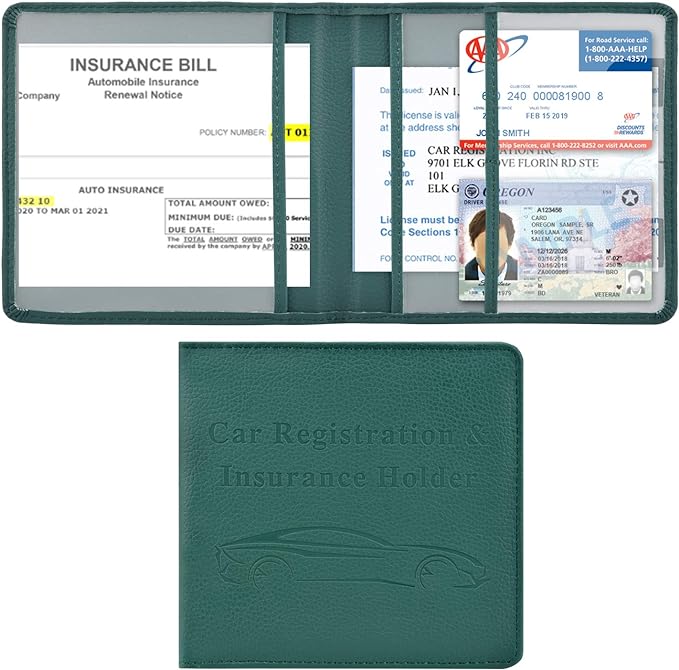 Cacturism Car Registration and Insurance Holder, Vehicle Glove Box Car Organizer Men Women Wallet Accessories Case for Cards, Essential Document, Driver License, Dark Green